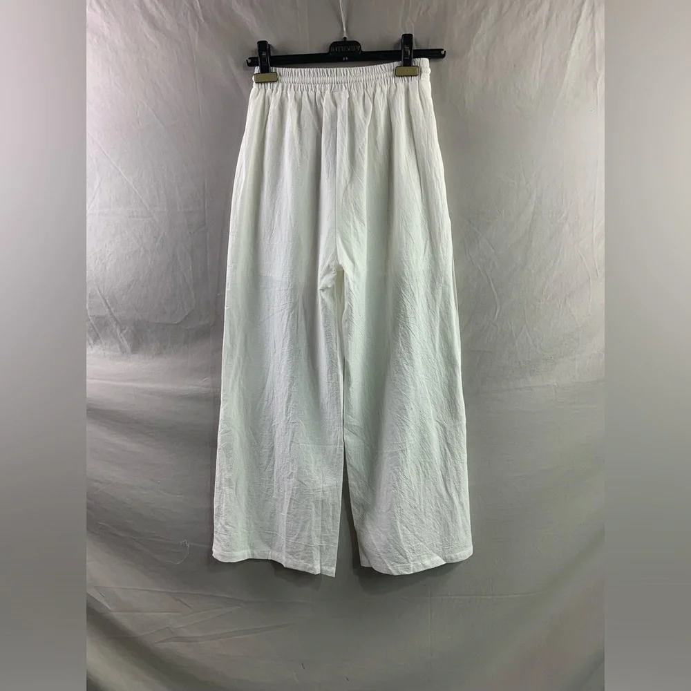 100% Cotton Drawstring Waist Wide Leg Pants White_7